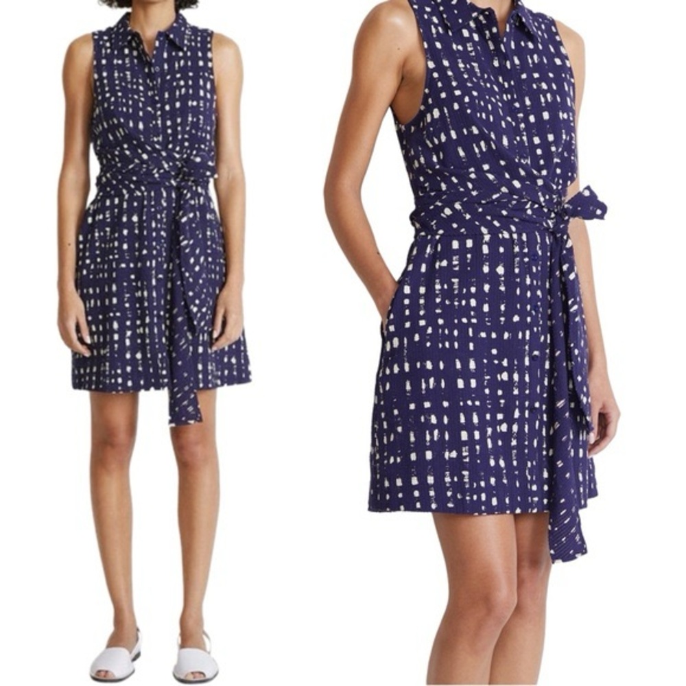 Apiece Apart Sleeveless Navy and White Patterned Mini Dress